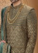 Embroidery Work Sherwani In Green Color